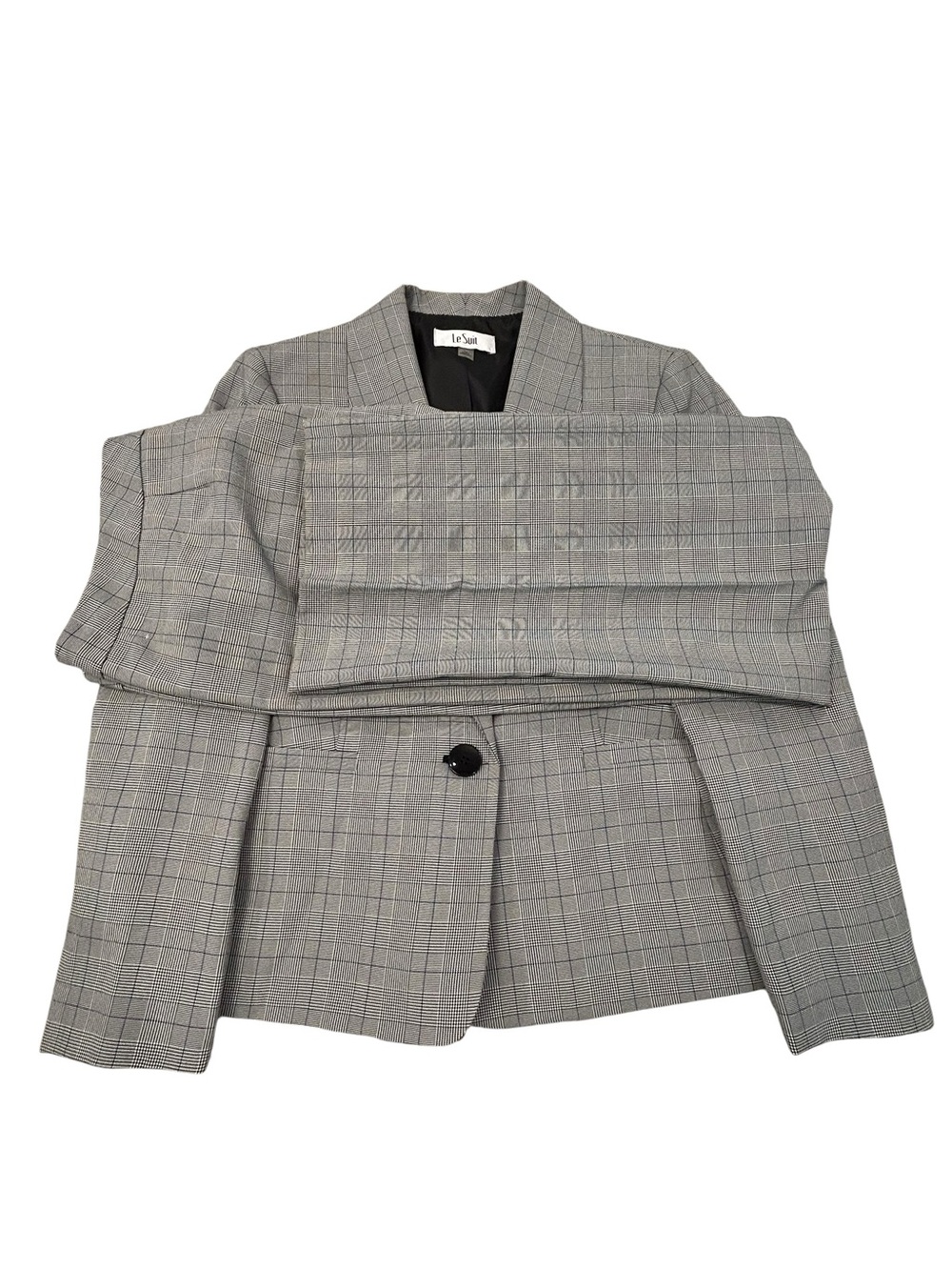 Le Suit Gray Glen Plaid Women's Pant Suit  Set Size 14 Pants anf Jacket Office